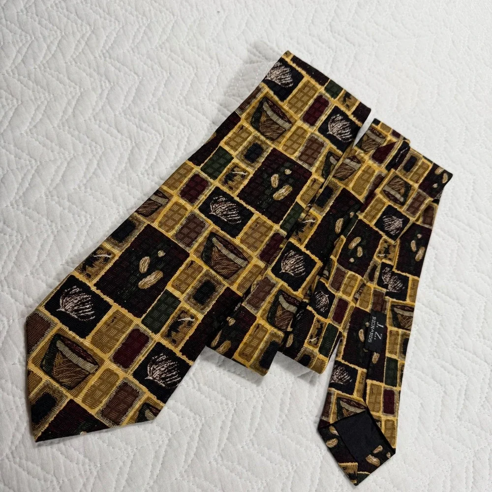 JZ Richards Mens‎ Silk Necktie Geometric Pattern Burgundy Gold Green Brown